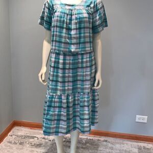Vintage 1980s Phases Housecoat Mumu Kaftan Plaid House Gown Grandma Tiered Dress